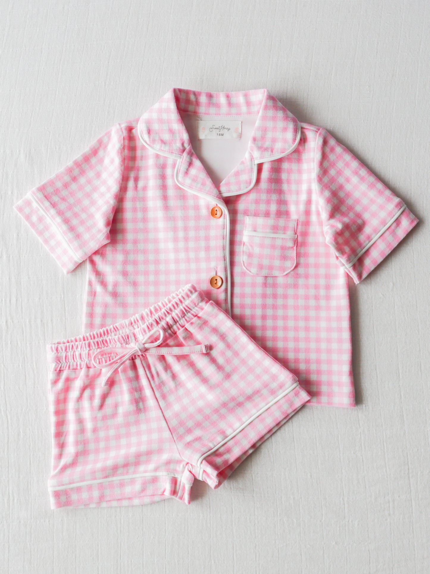 custom pink checkered short sleeve shorts milk silk pajamas (moq 3) tat 6-8 weeks