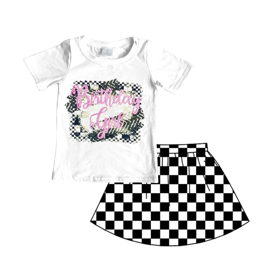 Custom Birthday Girl White Short Sleeve Black Checkered Skirt Girls Set Kids Birthday Clothes