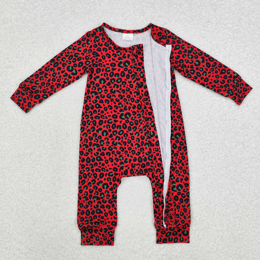 LR1962 red leopard long sleeve zipper girls romper