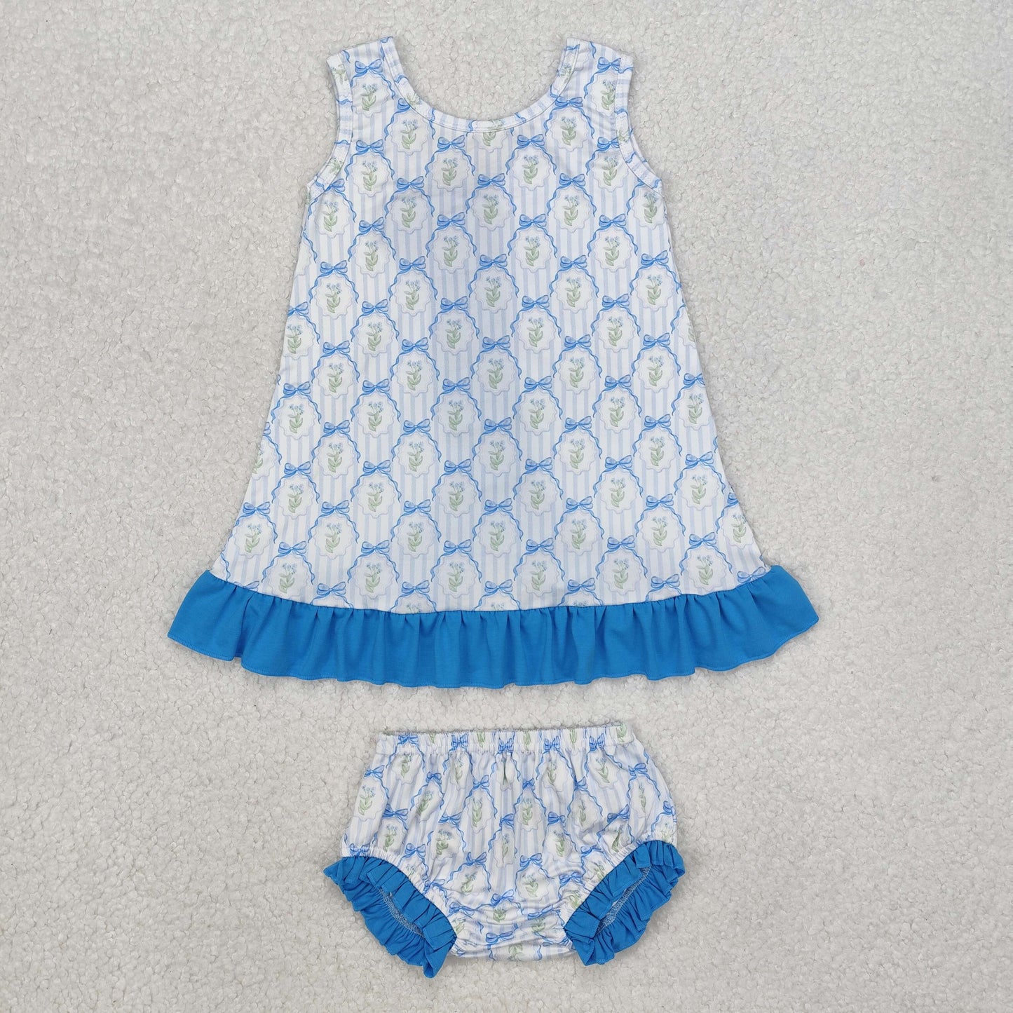 GBO0450 Blue Flowers Bows With Big Bow Girls Bummies Set