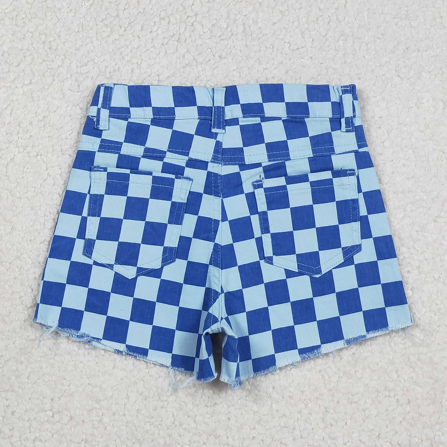 SS0763 Blue Checkered Denim Shorts Girls Jeans