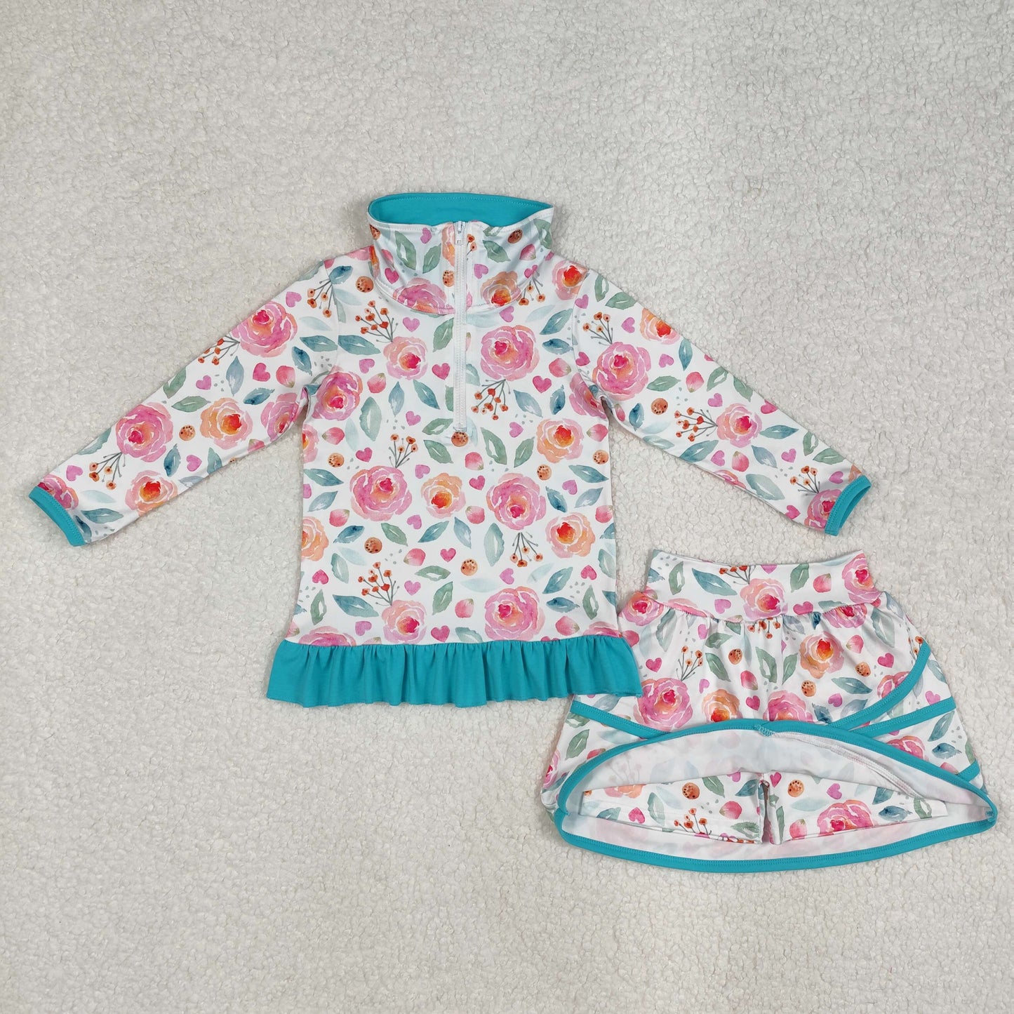 flowers zipper long slevee skirt with shorts set RTS sibling clothes