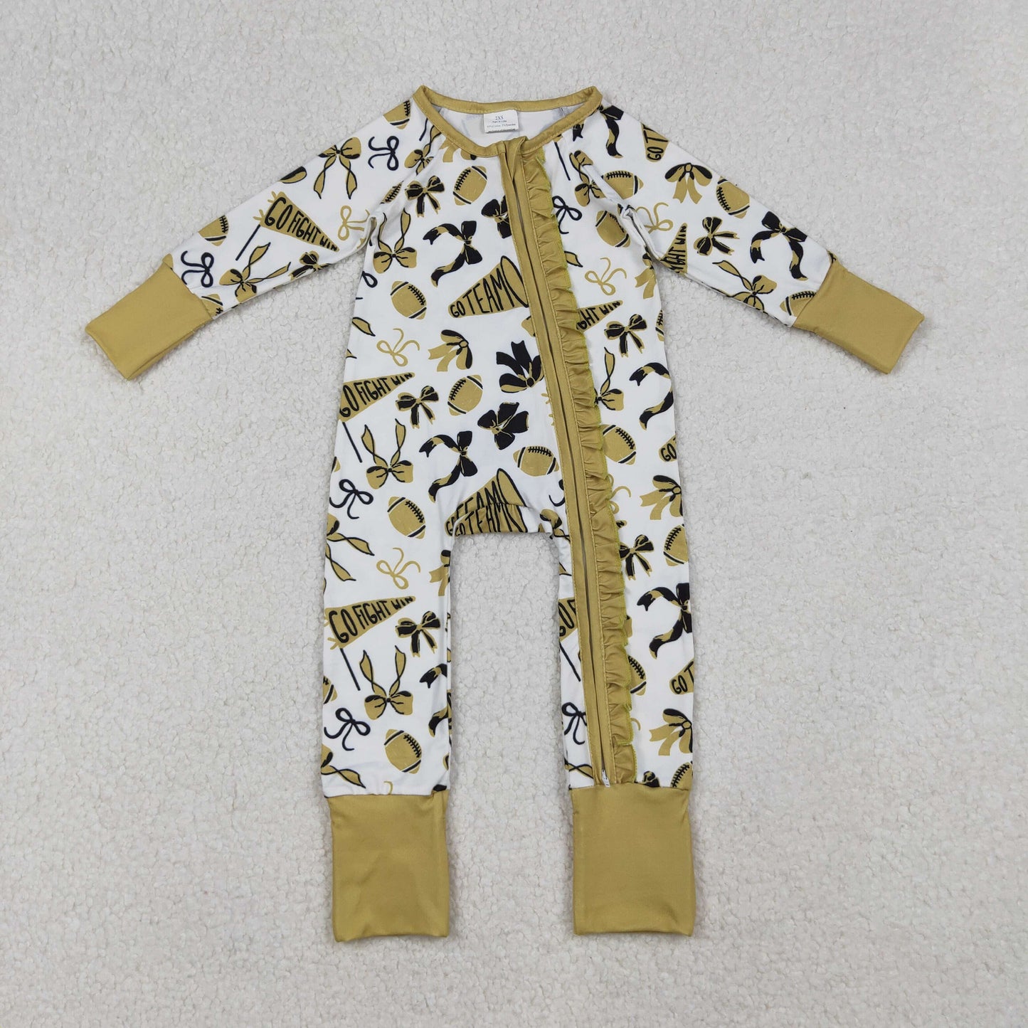 LR2515 cheer black golden football bows zipper long sleeve girls romper