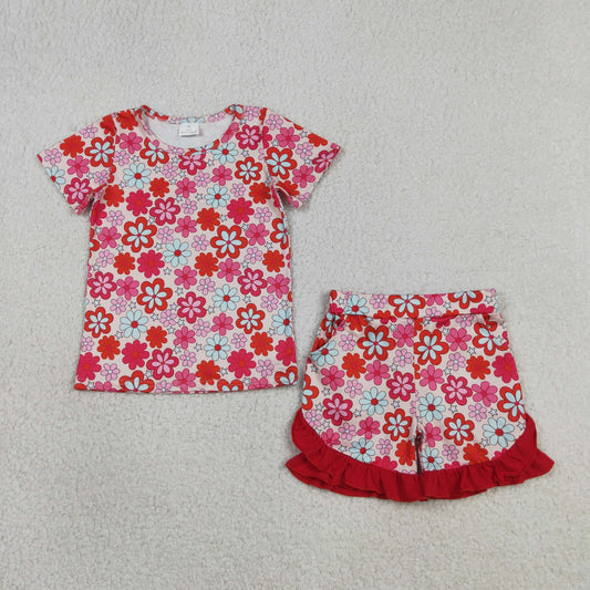 GSSO3471 Red Flowers Short Sleeve Shorts Girls Set