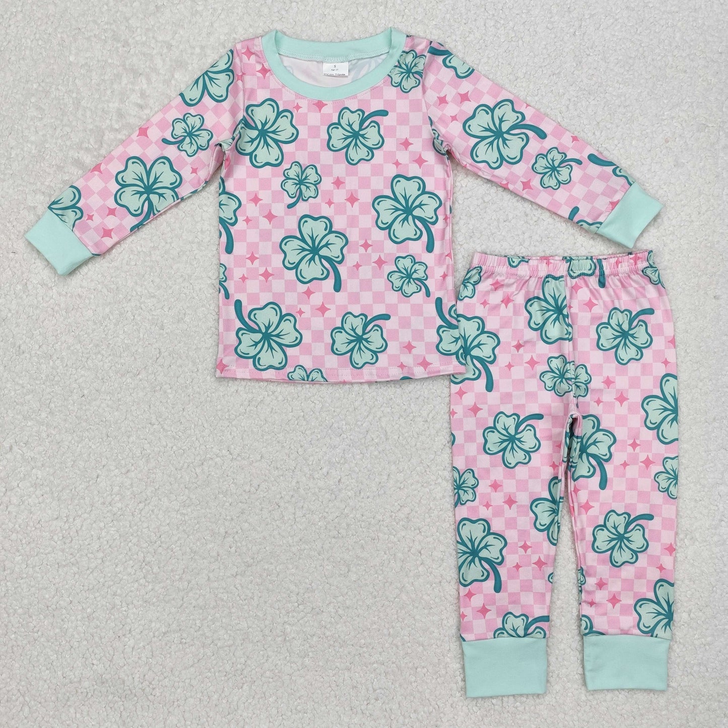 GLP2192 St Patrick clover pink checkered long sleeve pants girls pajamas