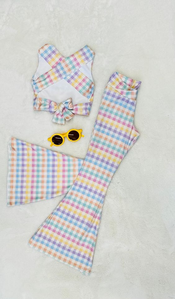Custom Retro Bell Bottoms Cross Back Crop Top Trendy Girls Set