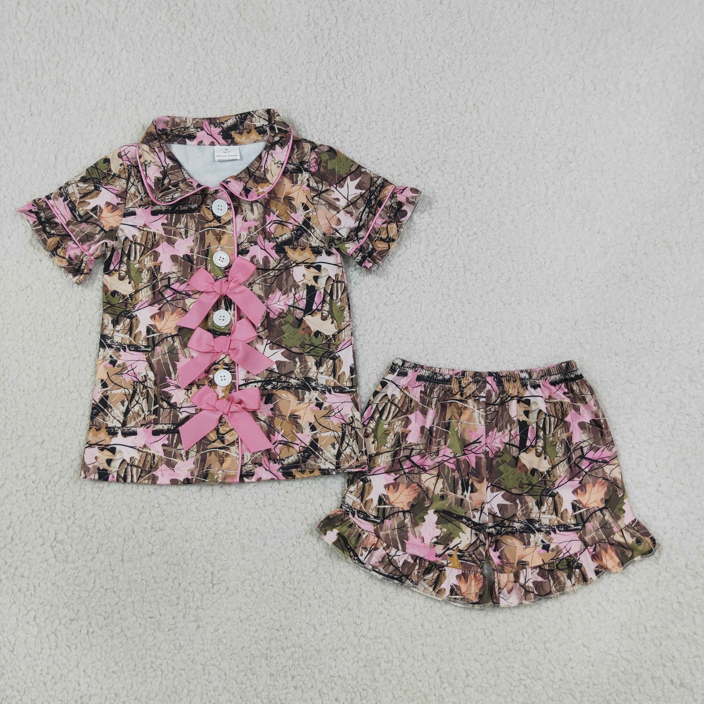 GSSO3364 Hunting Camo Bows Short Sleeve Shorts Girls Pajamas