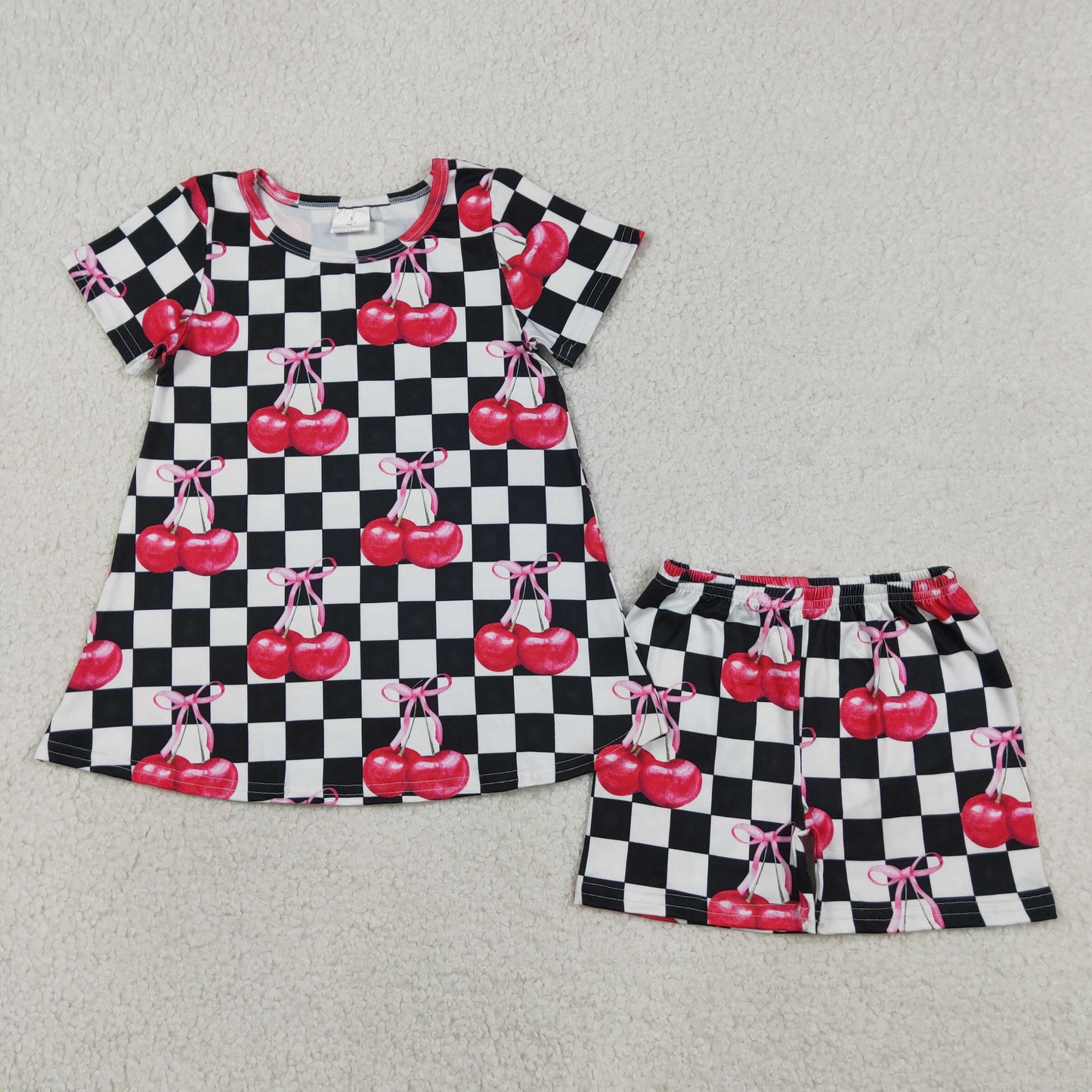 GSSO3075 Cherry Black Checkered Short Sleeve Shorts Girls Set