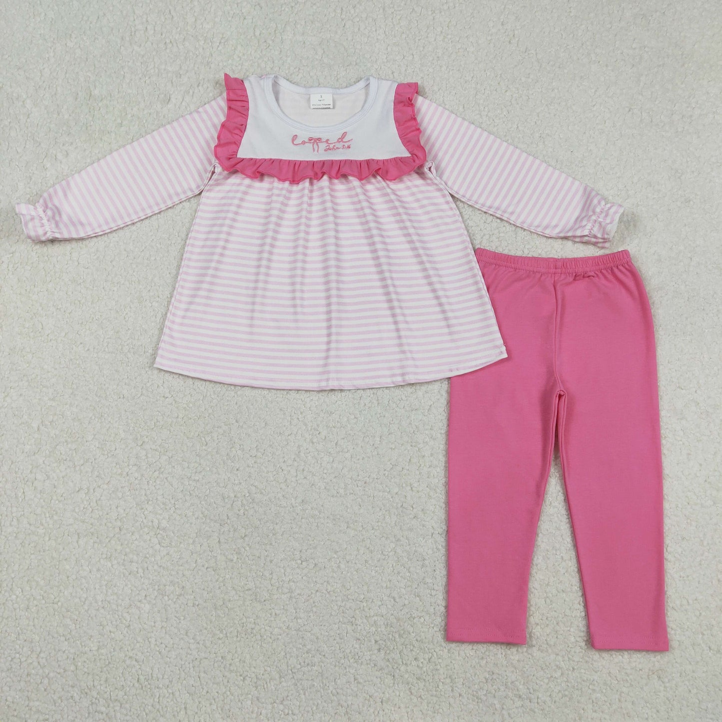 Embroidery GLP2916 Pink Bows Striped Long Sleeve Pants Girls Set