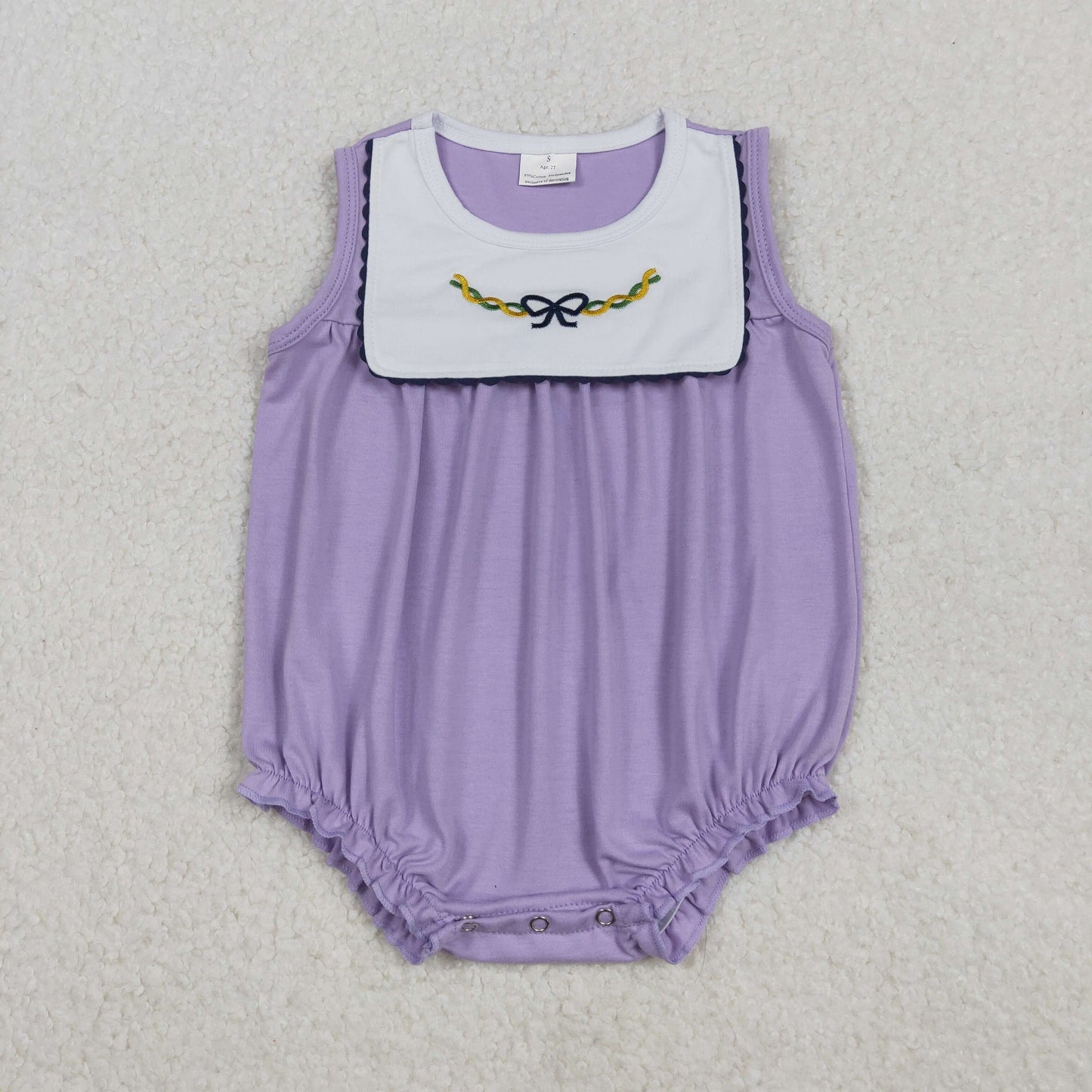 Embroidery SR3235 Mardi Gras mask purple sleeveless girls romper