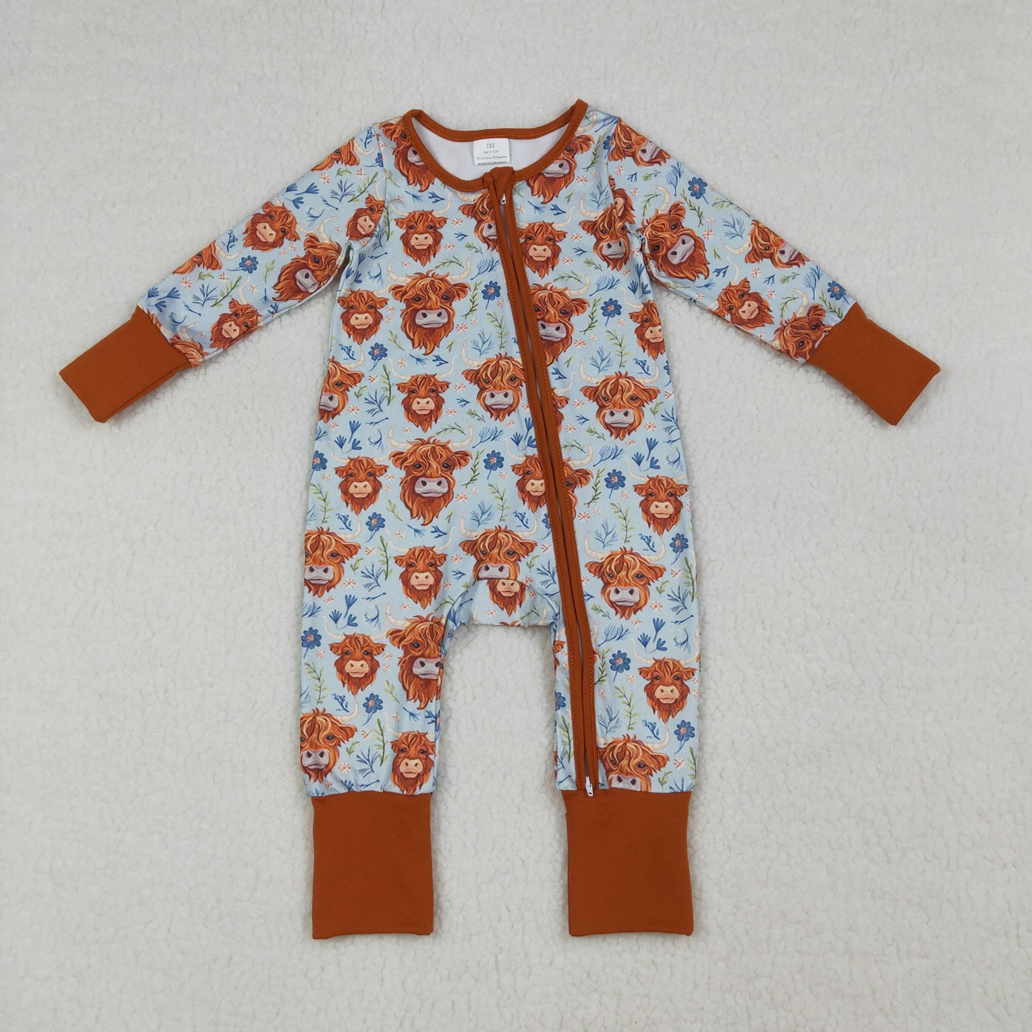 LR1787 Western highland cow flowers zipper long sleeve girls romper