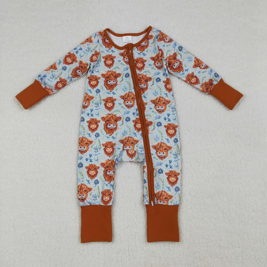 LR1787 Western highland cow flowers zipper long sleeve girls romper