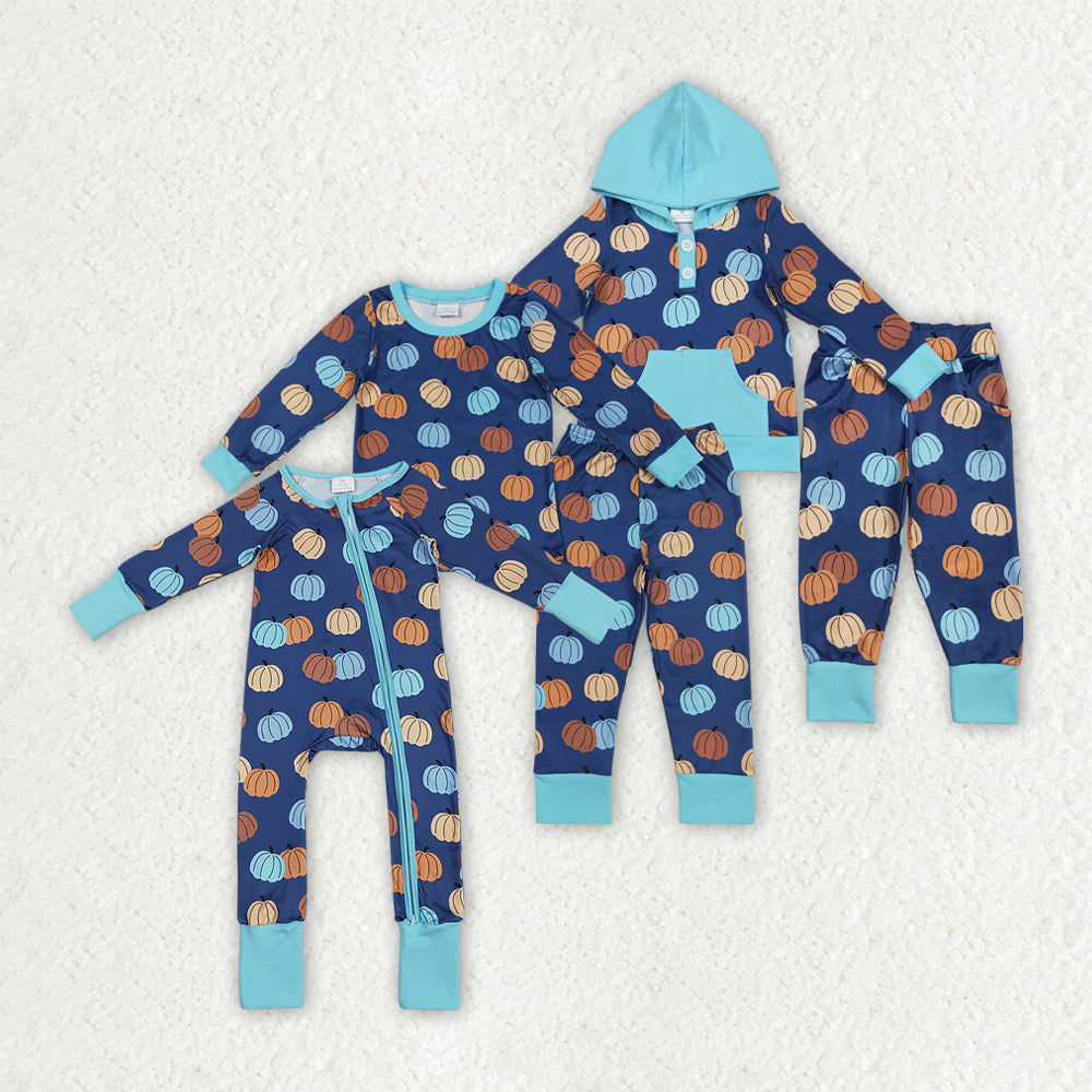 Autumn pumpkin blue pajamas/set RTS Sibling Clothes