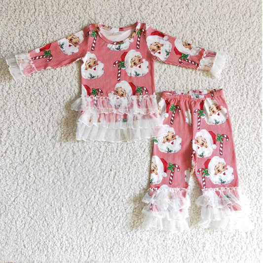 6 B12-18 Christmas Santa Claus Cane Candy Long Sleeve Pants Lace Girls Set