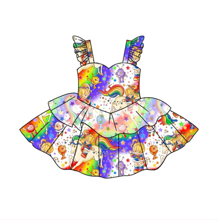 custom S 8.9 Rainbow horse cartoon girl flutter sleeve dress