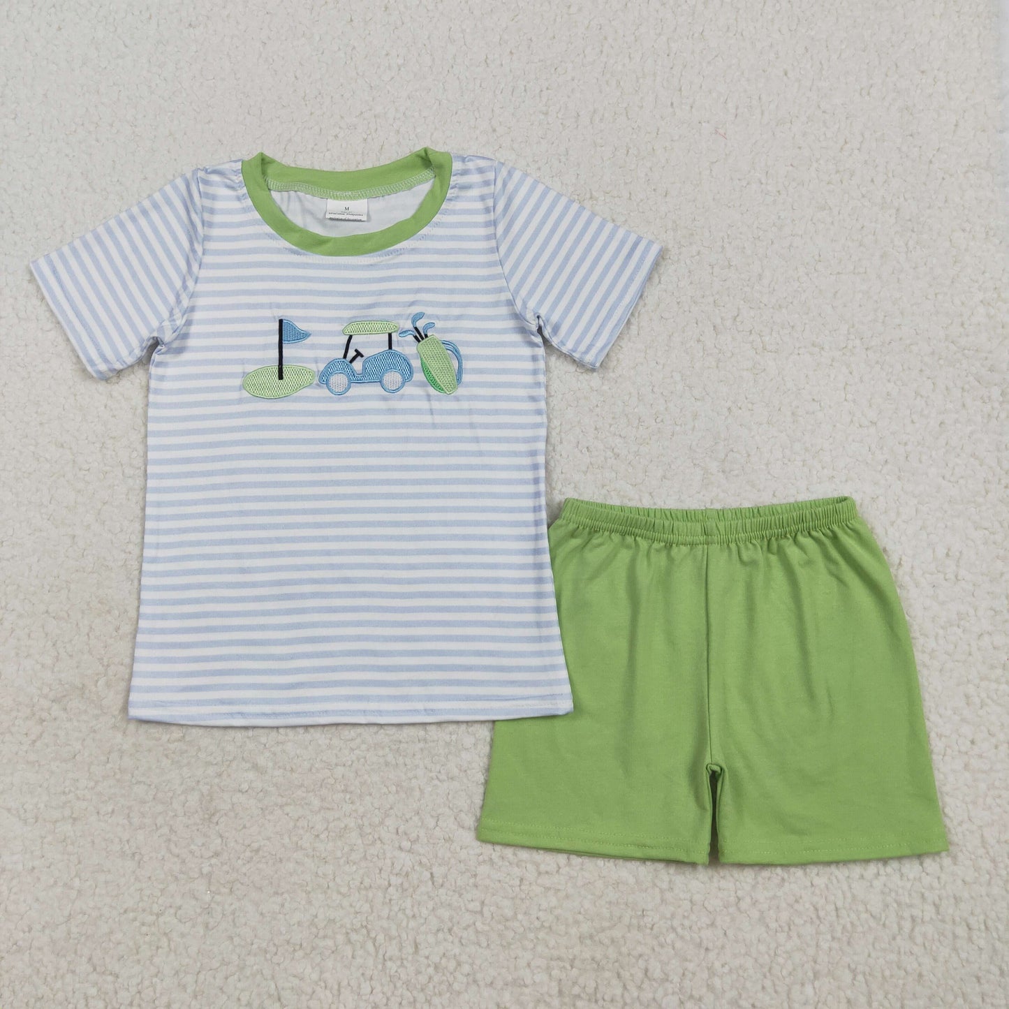 embroidery BSSO1504 cartoon gold blue striped short sleeve green shorts boys set