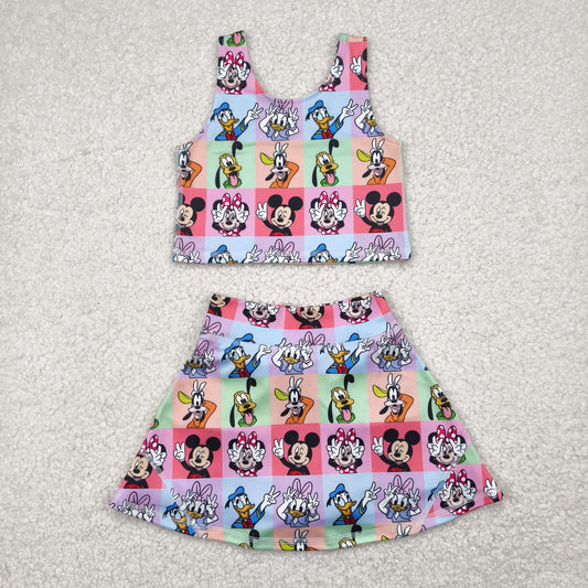 GSD2333 yoga cartoon M sleeveless skirt with shorts girls set