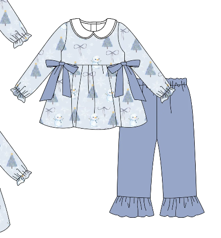 custom moq 3 Christmas snowman bows blue long sleeve blue pants girls set