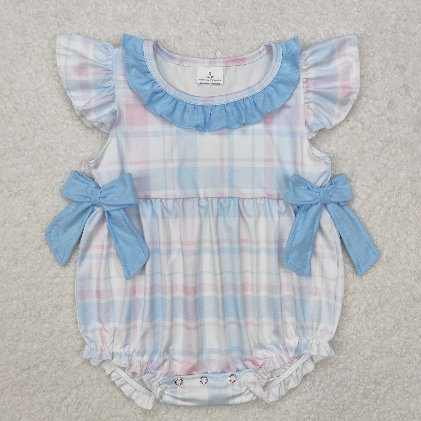 SR2139 colorful checkered blue bows flutter sleeve girls romper