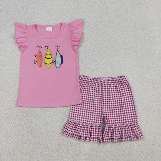 Embroidery GSSO2795 fishing pink flutter sleve shorts girls set
