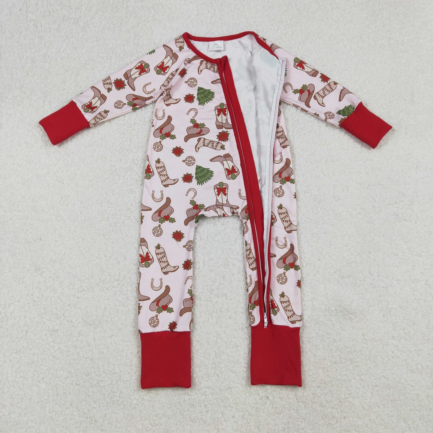 LR2584 Western Christmas boots tree pink red zipper long sleeve girls romper