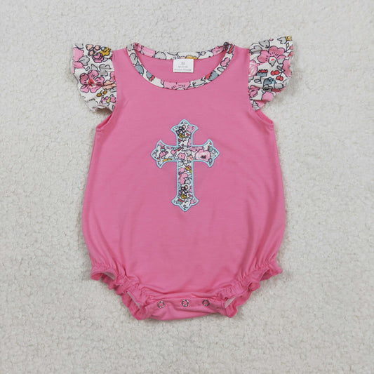 Embroidery SR3845 Easter Cross Flowers Pink Flutter Sleeve Girls Romper
