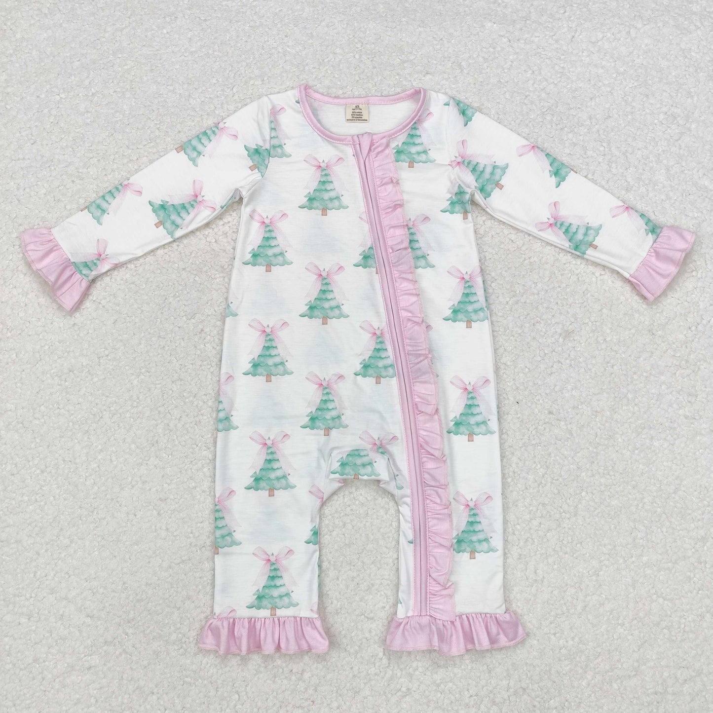 bamboo LR1518 Christmas tree pink bows long sleeve zipper girls romper