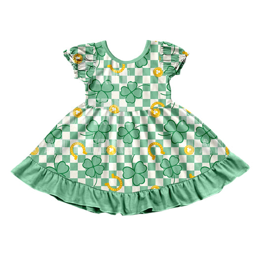 preorder GSD0684 Saint Patrick Clover Green Checkered Horse Shoe Short Sleeve Girls Dress