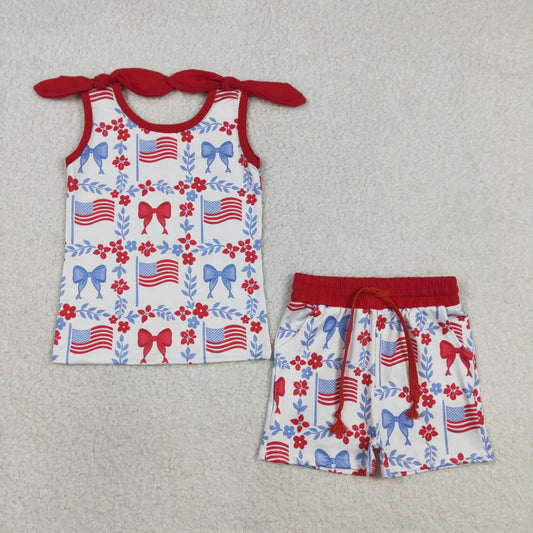 GSSO3094 July 4th Red Blue Flag Bows Flowers Sleeveless Shorts Girls Set