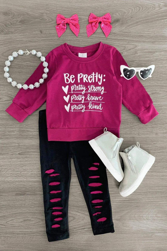 custom moq 3 Be Pretty Hot Pink Long Sleeve Black Pants Girls Set