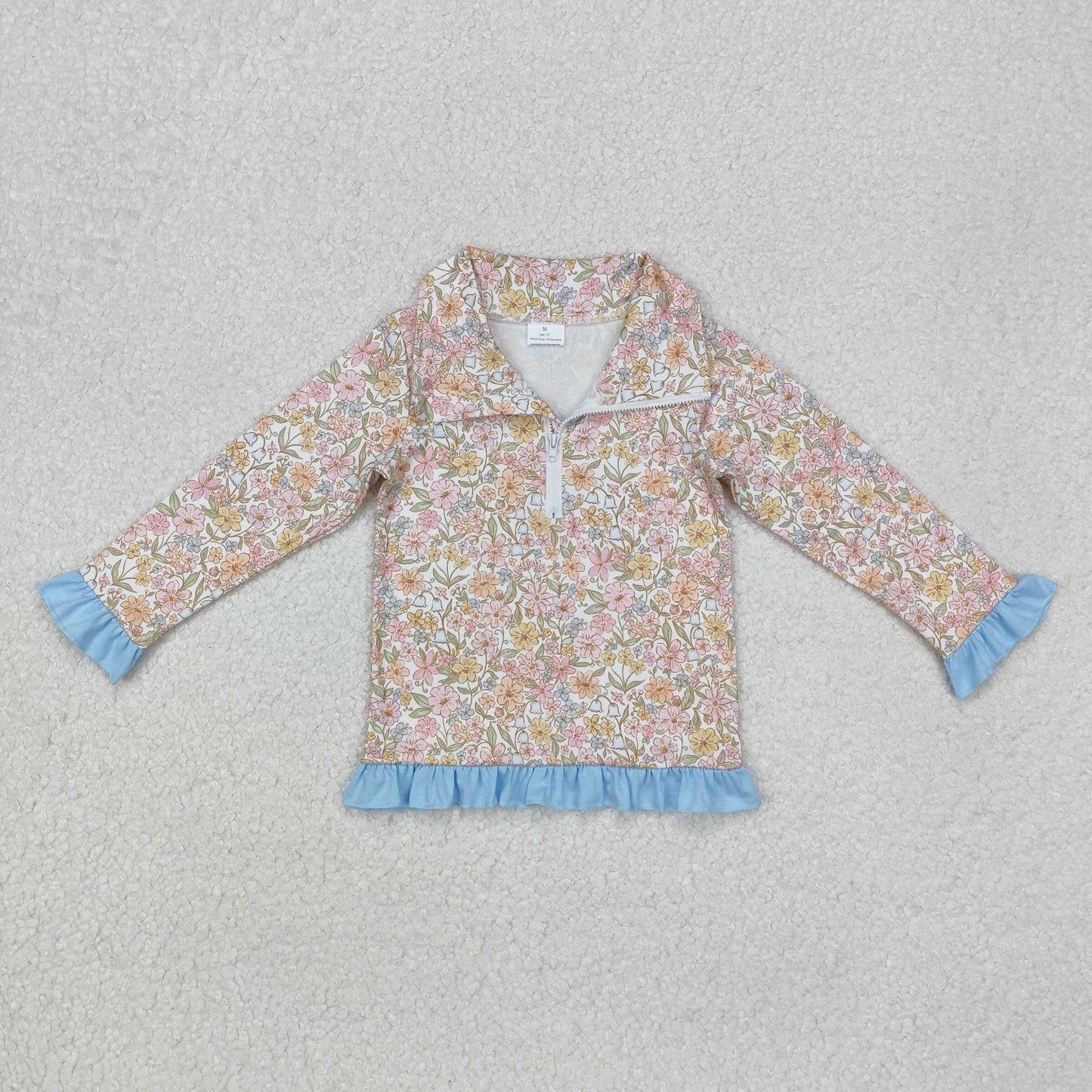 GT0722 colorful flowers blue long sleeve girls top