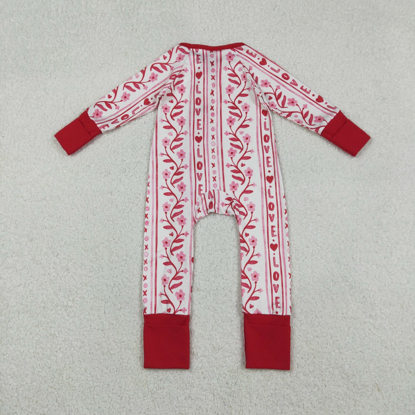 LR2884 Valentine's Day Love Heart Flowers Red Zipper Long Sleeve Girls Romper