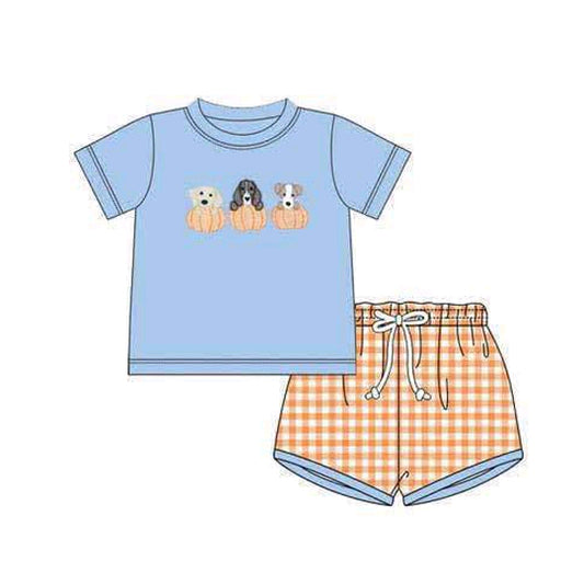 custom moq 3 pumpkin dog blue short sleeve orange checkered shorts boys set