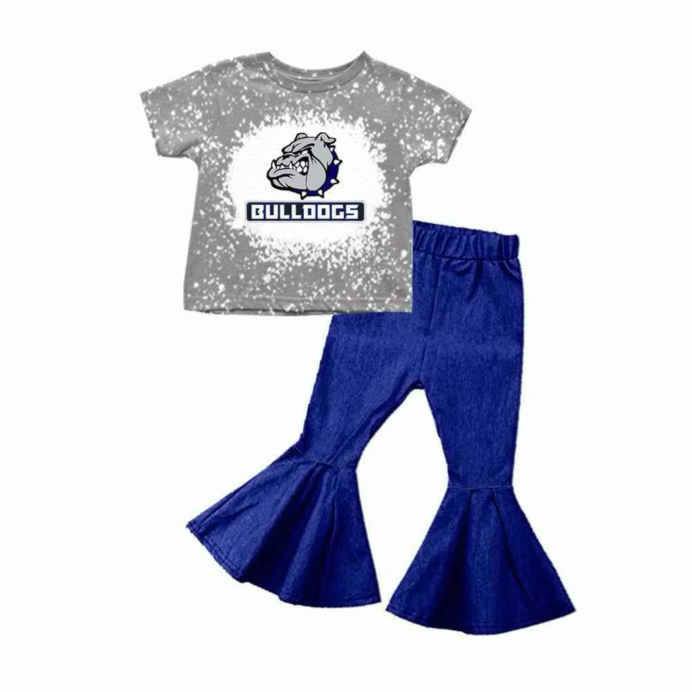 MOQ 3 Custom Football Bulldogs Grey Short Sleeve Blue Pants Girls Set