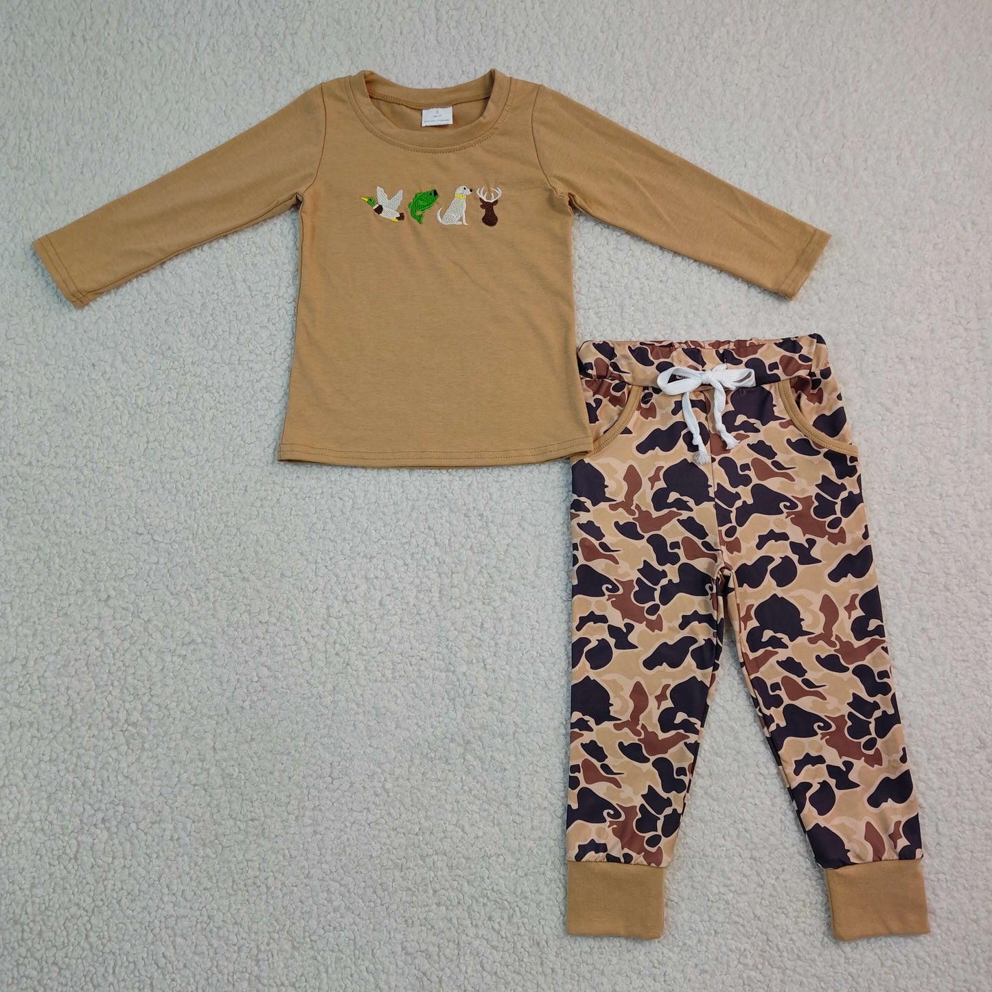 BLP1493 Hunting Mallard Fishing Dog Long Sleeve Camo Pants Boys Set