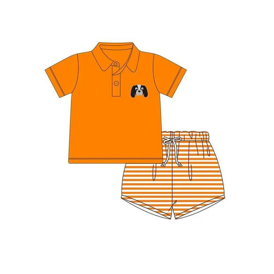 custom S dog football orange short sleeve orange striped shorts boys set