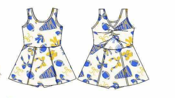 preorder cheer bows blue/golden sleevless skorts girls dress