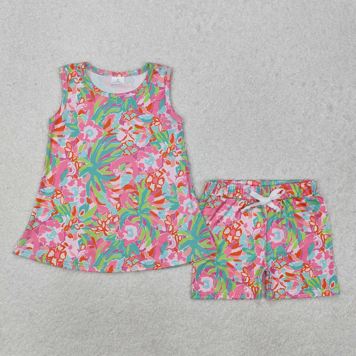 GSSO1749 pink flowers green flowers sleeveless shorts girls set