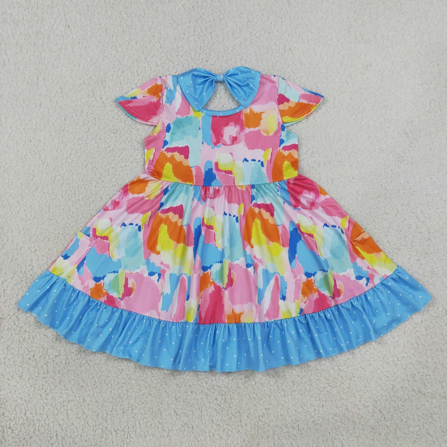 GSD2610 watercolor colorful blue short sleeve girls dress