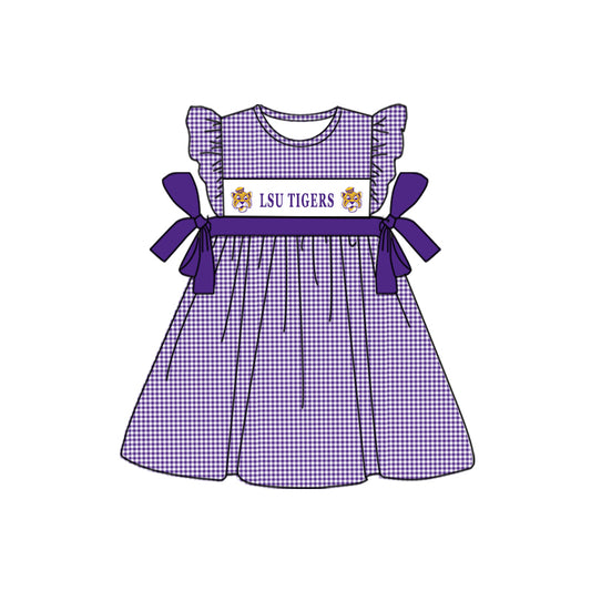 custom style football team tiger purple checkered flutter sleeve girls dress