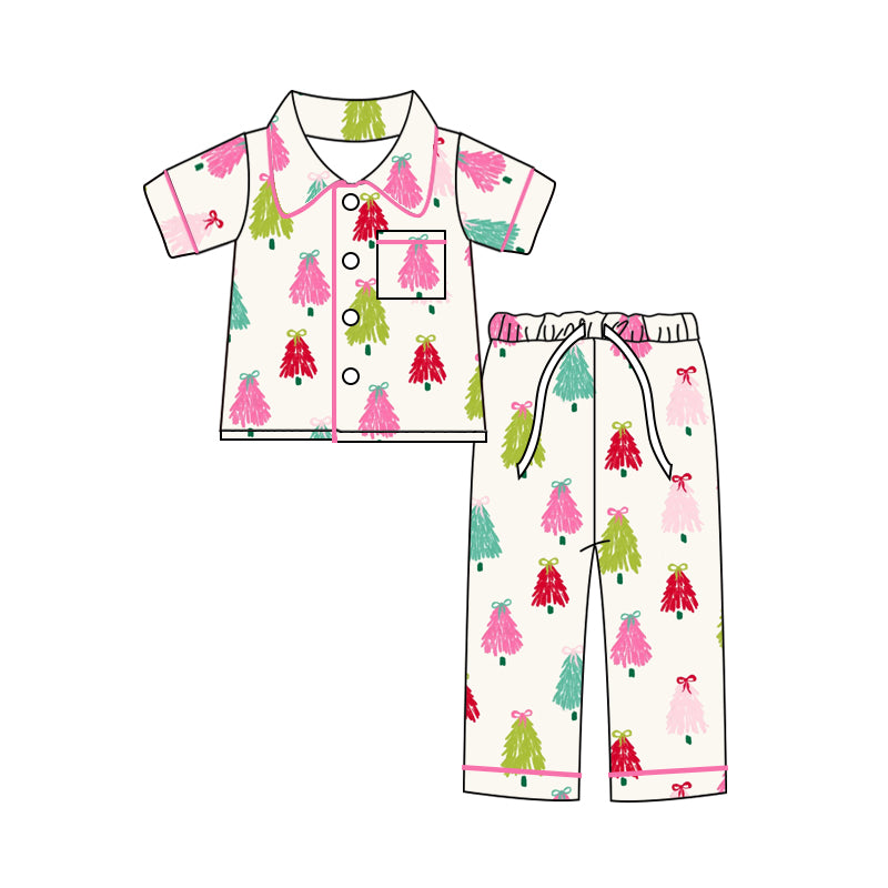 custom order Christmas colorful tree hot pink short sleeve pants girls set