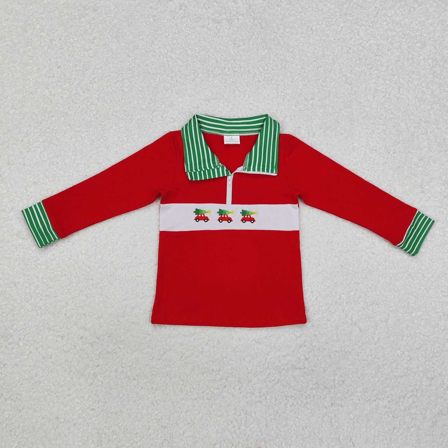 embroidery BT0930 Christmas tree car red zipper long sleeve boys pullover boys top