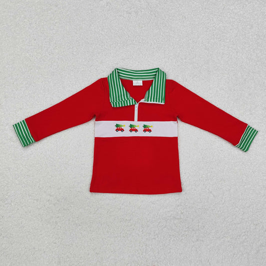 embroidery BT0930 Christmas tree car red zipper long sleeve boys pullover boys top