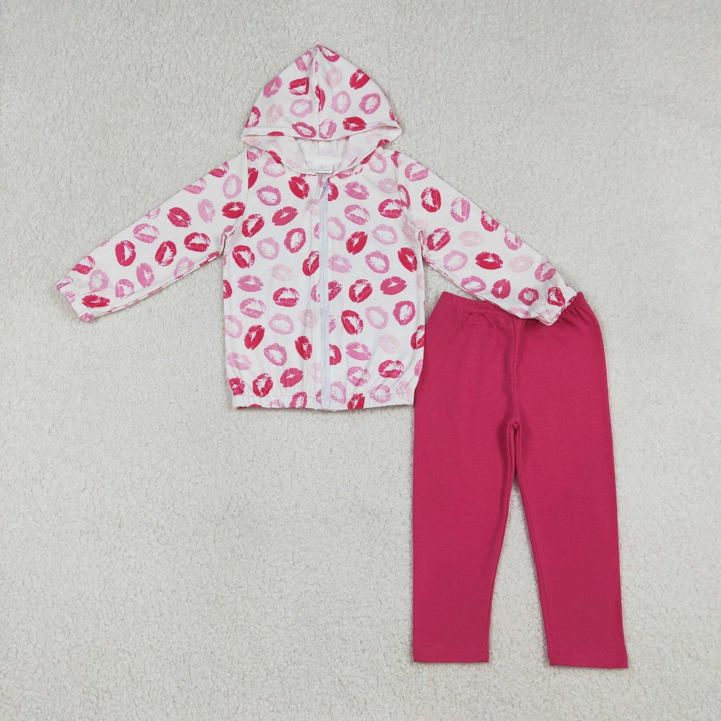 GLP3287 Valentine's Day Lips Zipper Hoodie Long Sleeve Hot Pink Pants Girls Set