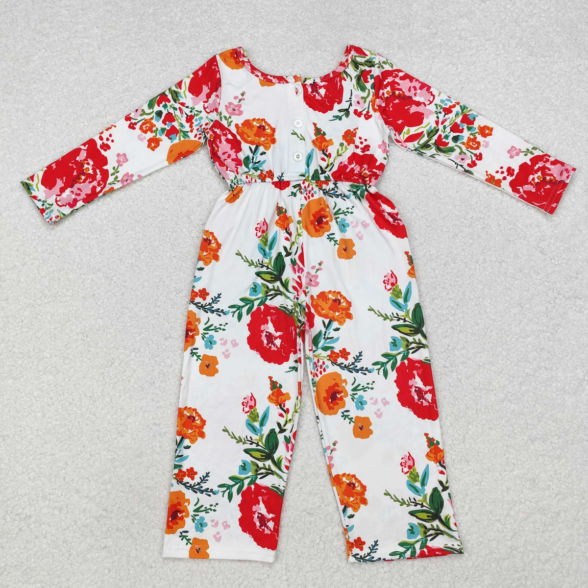 LR1837 red orange flowers long sleeve girls white jumpsuits