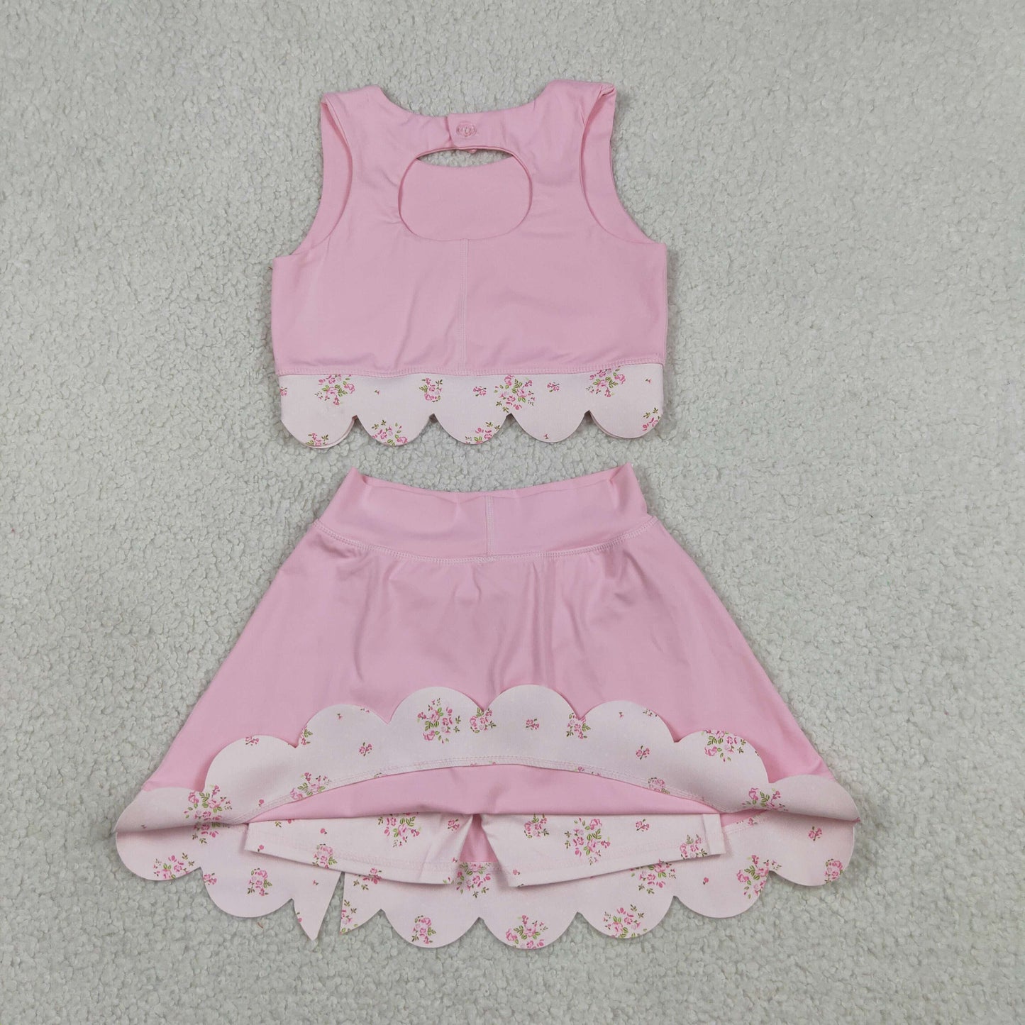GSD3321 Yoga Scallop Solid Color Pink Sleeveless Bows Skorts Girls Set