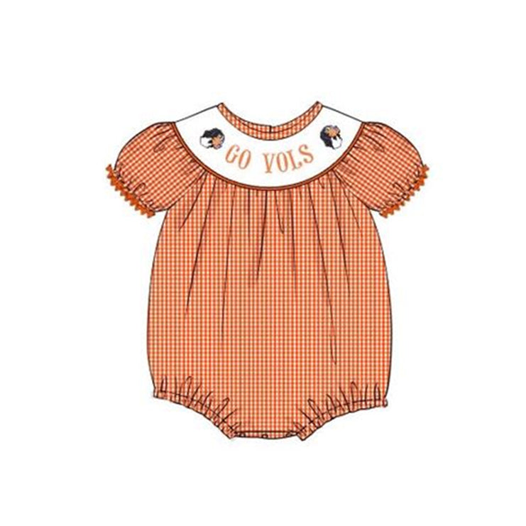 custom style football team orange dog checkered short sleeve girls romper 1