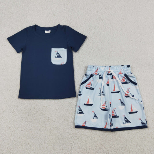 BSSO1855 Sailboat Pocket Navy Blue Short Sleeve Shorts Boys Set