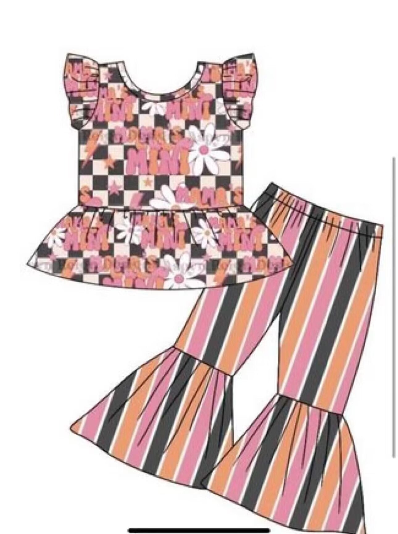 custom mama's mini flowers checkered flutter sleeve pink orange black striped pants girls set