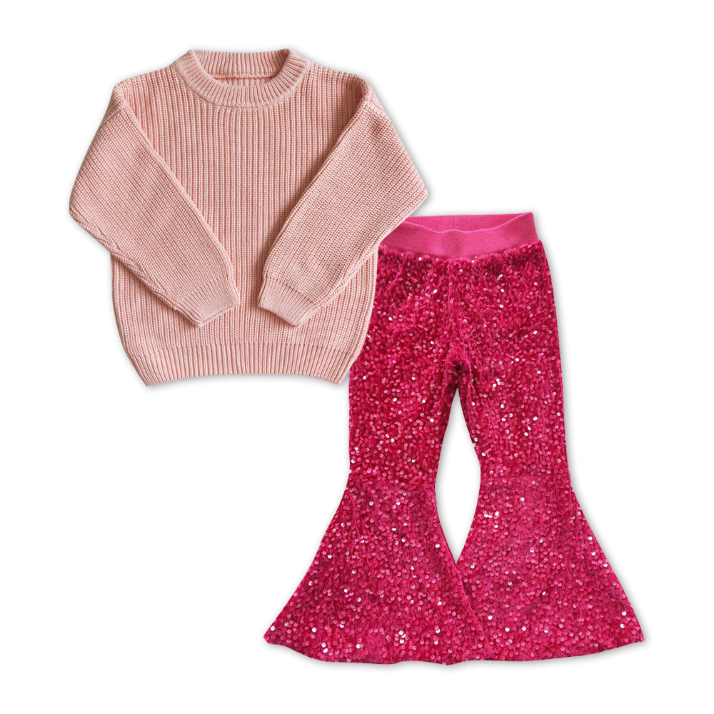 Pink sweater long sleeve hot pink sequin pants girls set